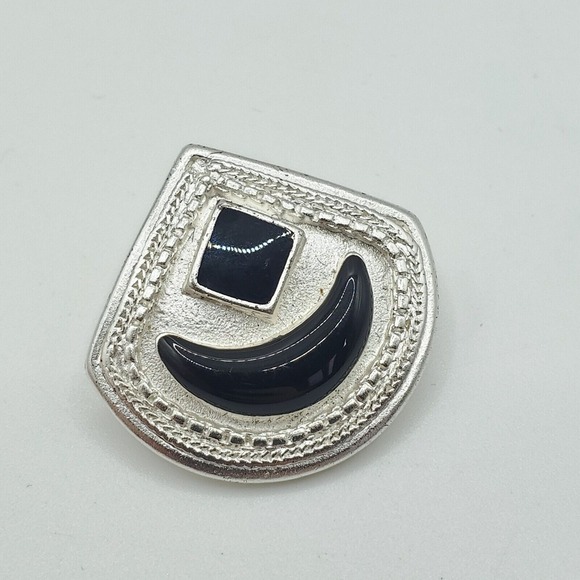 Vintage Vendome Clip On Earrings Silver Tone Black Enamel Fashion Jewelry - Picture 2 of 7